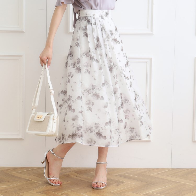 クチュールブローチ(Couture Brooch)の水彩フラワージャカードタックスカート ミモレスカート