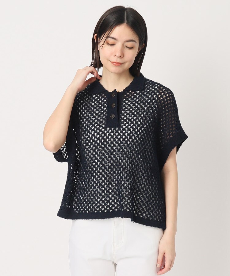 ポーシャル(poushal)のパイルメッシュ風ニットポロTシャツ ディープネイビー(095)