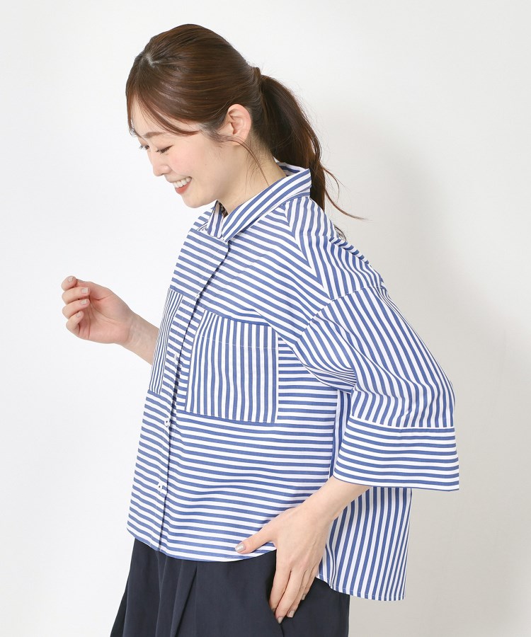 ポーシャル(poushal)の【洗える・コットン】ショート丈ブラウス ブルー(392)