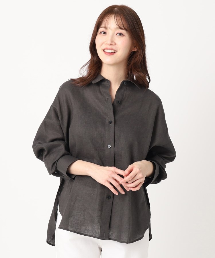 ポーシャル(poushal)の【洗える・カシュクール】リネン混2WAYビッグシャツ チャコールグレー(014)