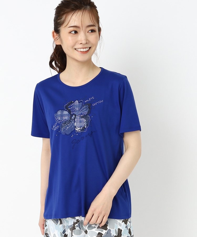 コルディア(CORDIER)のフラワーモチーフ スパンコール＆刺繍Tシャツ ブルー(092)