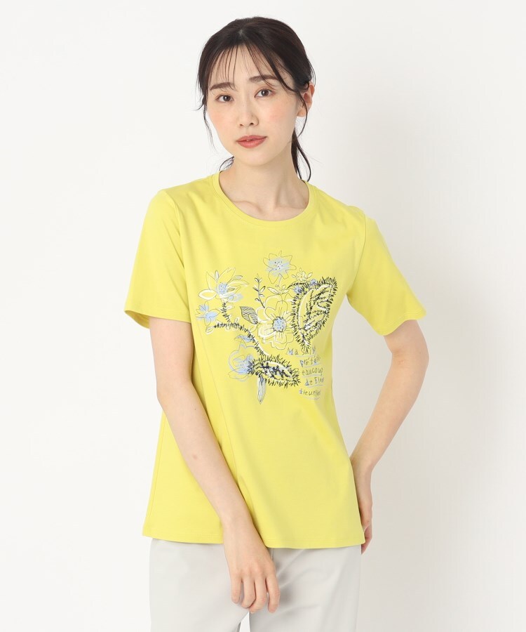 コルディア(CORDIER)の【M~4Lサイズ】フラワープリント＆刺繍Tシャツ イエロー(031)