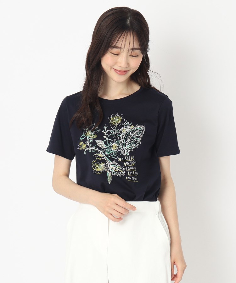 M~4Lサイズ】フラワープリント&刺繍Tシャツ(カットソー M~4Lサイズ】フラワープリント&刺繍Tシャツ(カットソー