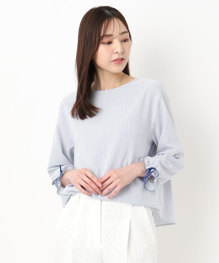 ルイシャンタン(Lui Chantant)の【洗える／日本製】袖フリルリボン ストライプブラウス ブルー(393)