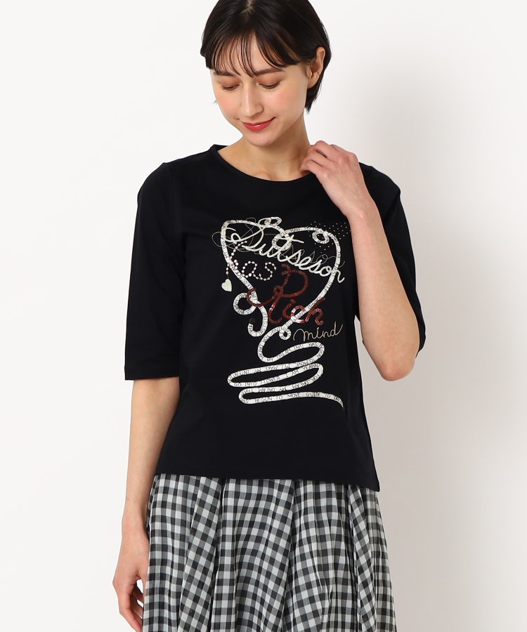 スチェッソ(SUTSESO　)の大人の着映えTシャツ/刺繍＆スパンコール ハートデザインTシャツ ブラック(019)