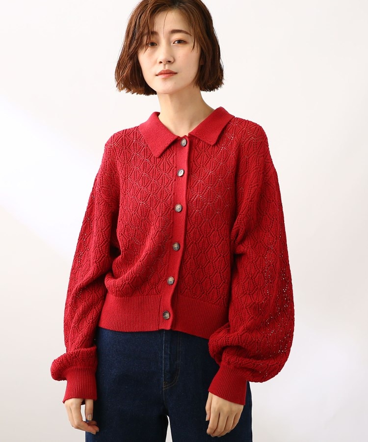 ＜WORLD＞ THE SHOP TK(Women)(ザ ショップ ティーケー（ウィメン）) 【レトロビンテージ風】透かし編み襟付きカーディガン画像