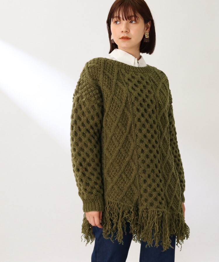 ザ ショップ ティーケー（ウィメン）(THE SHOP TK(Women))の◆【NEPAL HAND KNIT】フリンジケーブルニット カーキ(027)