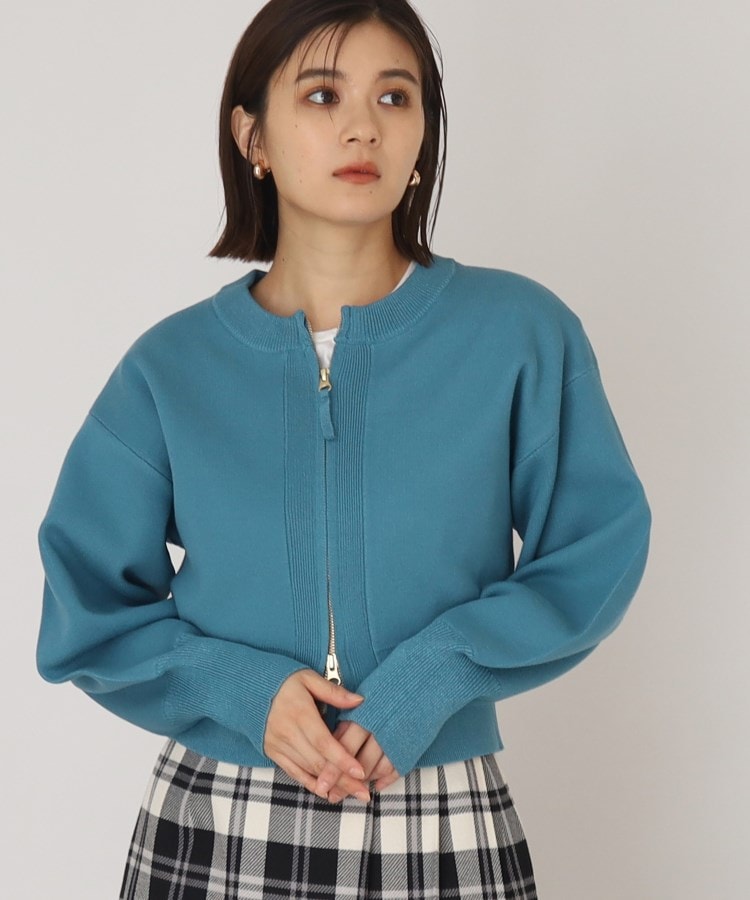 ザ ショップ ティーケー（ウィメン）(THE SHOP TK(Women))のショート丈ZIPニットカーディガン【手洗い可】 ブルー(092)