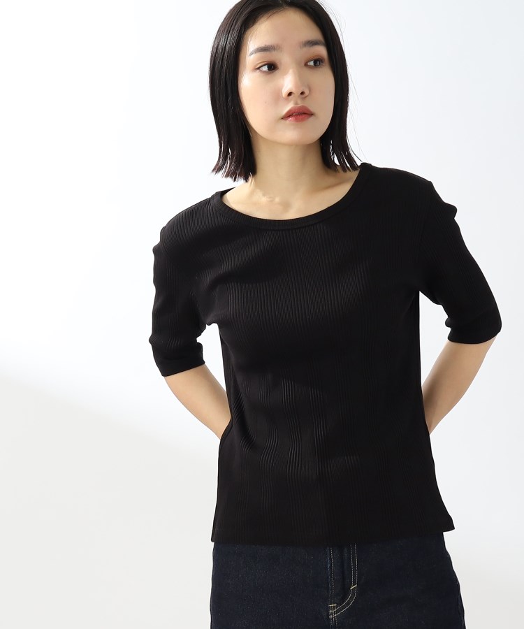 ザ ショップ ティーケー（ウィメン）(THE SHOP TK(Women))の【スッキリキレイ/洗える】コットンリブクルーTシャツ ブラック(019)