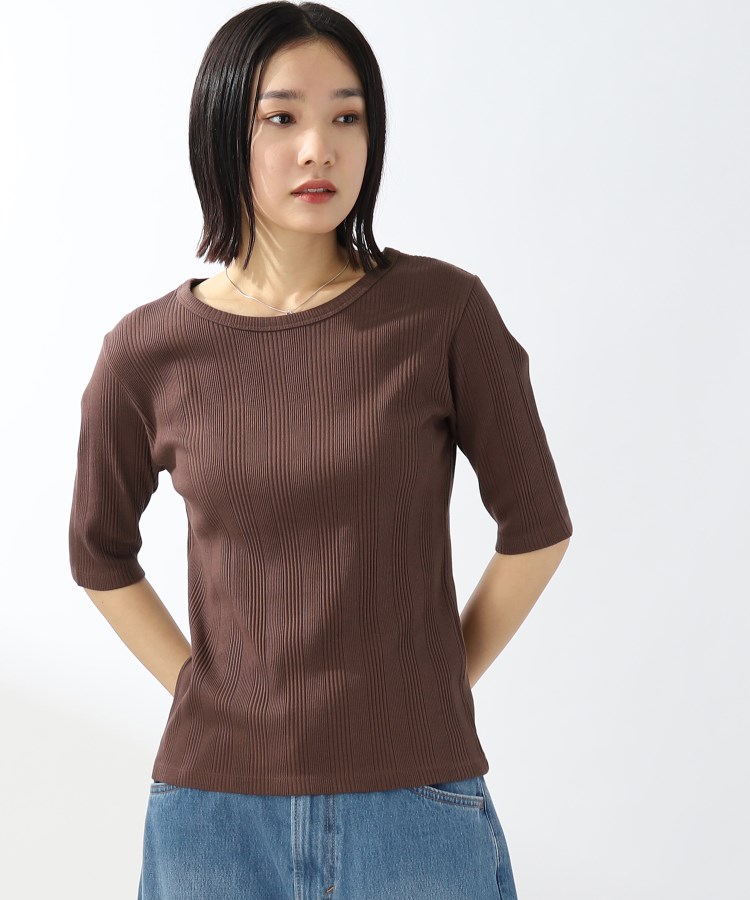 ザ ショップ ティーケー（ウィメン）(THE SHOP TK(Women))の【スッキリキレイ/洗える】コットンリブクルーTシャツ ブラウン(042)