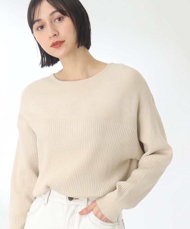 ザ ショップ ティーケー（ウィメン）(THE SHOP TK(Women))の【ピタッとし過ぎずスッキリ/洗える】切替ボートネックニット ライトベージュ(051)