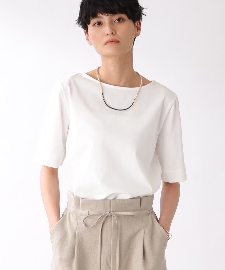 ザ ショップ ティーケー（ウィメン）(THE SHOP TK(Women))の【腕周りカバー/スペシャルコットン/洗濯機洗い可】ボートネックカットソー ホワイト(002)