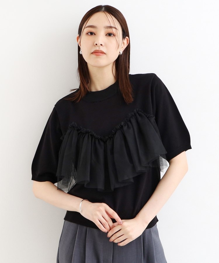 ザ ショップ ティーケー（ウィメン）(THE SHOP TK(Women))の【大人チュール使い】5分袖チュール切替ニット/洗える ブラック(019)