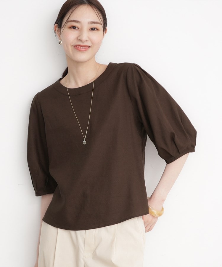 ザ ショップ ティーケー（ウィメン）(THE SHOP TK(Women))のリネンブレンド袖タックブラウス【洗濯機OK】 ブラウン(044)