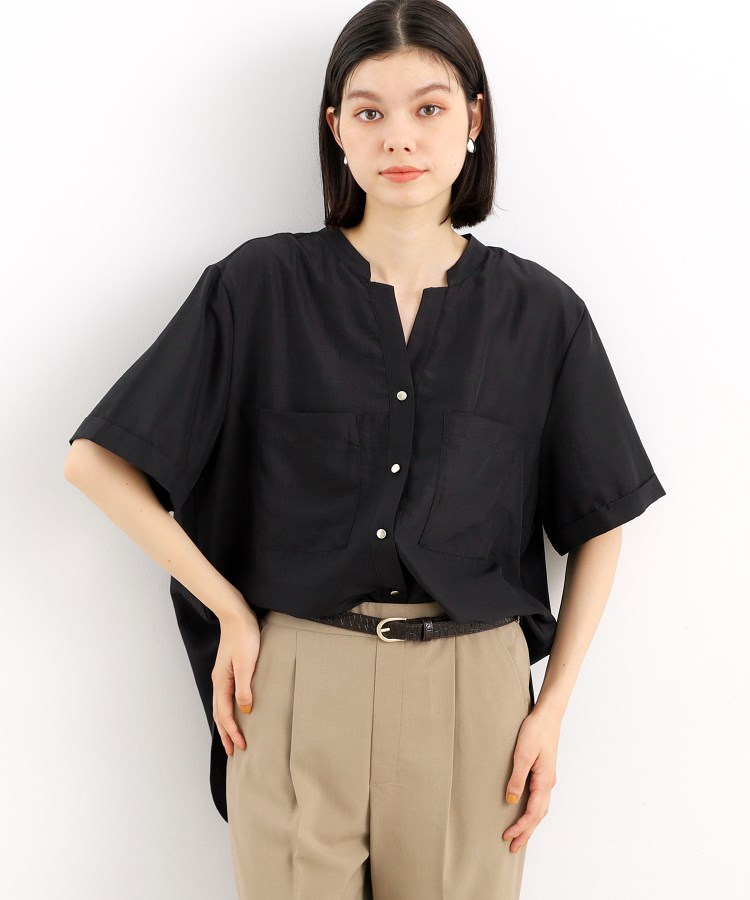 ザ ショップ ティーケー（ウィメン）(THE SHOP TK(Women))の【魅せる体型カバー服】Wポケット6分袖シャツ/洗える 新色/スミクロ(018)