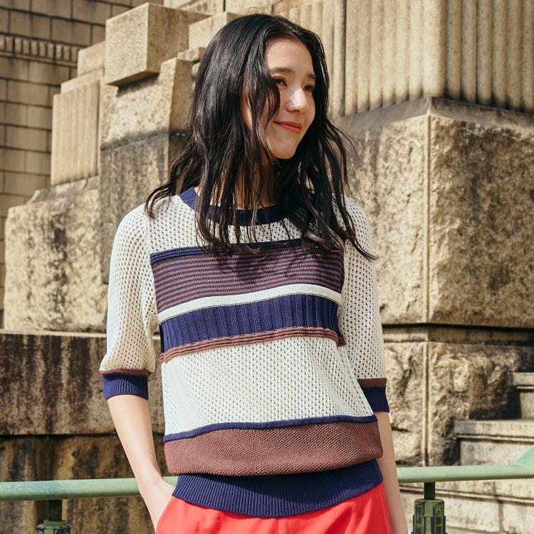 ザ ショップ ティーケー（ウィメン）(THE SHOP TK(Women))のマルチボーダートップス【洗える】 ニット/セーター