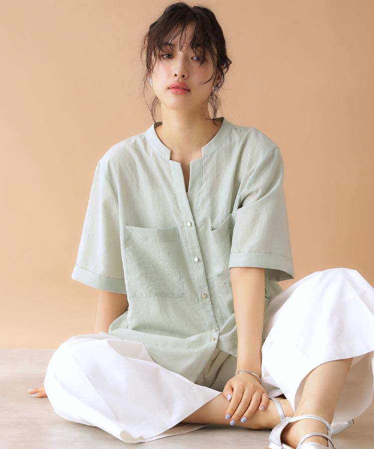 ザ ショップ ティーケー（ウィメン）(THE SHOP TK(Women))のダブルポケット5分袖シャツ【体型カバー/洗濯機OK】 ミントグリーン(021)