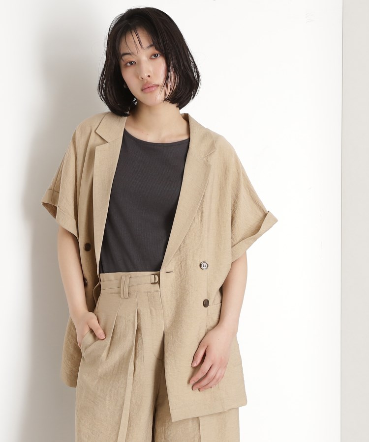 ザ ショップ ティーケー（ウィメン）(THE SHOP TK(Women))のリネン混半袖テーラージャケット【洗える/セットアップ可】 ベージュ(052)