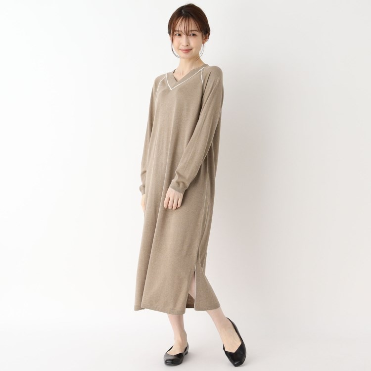 シルクカシミヤ配色パイピングニットワンピース(マキシ・ロング シルクカシミヤ配色パイピングニットワンピース(マキシ・ロング