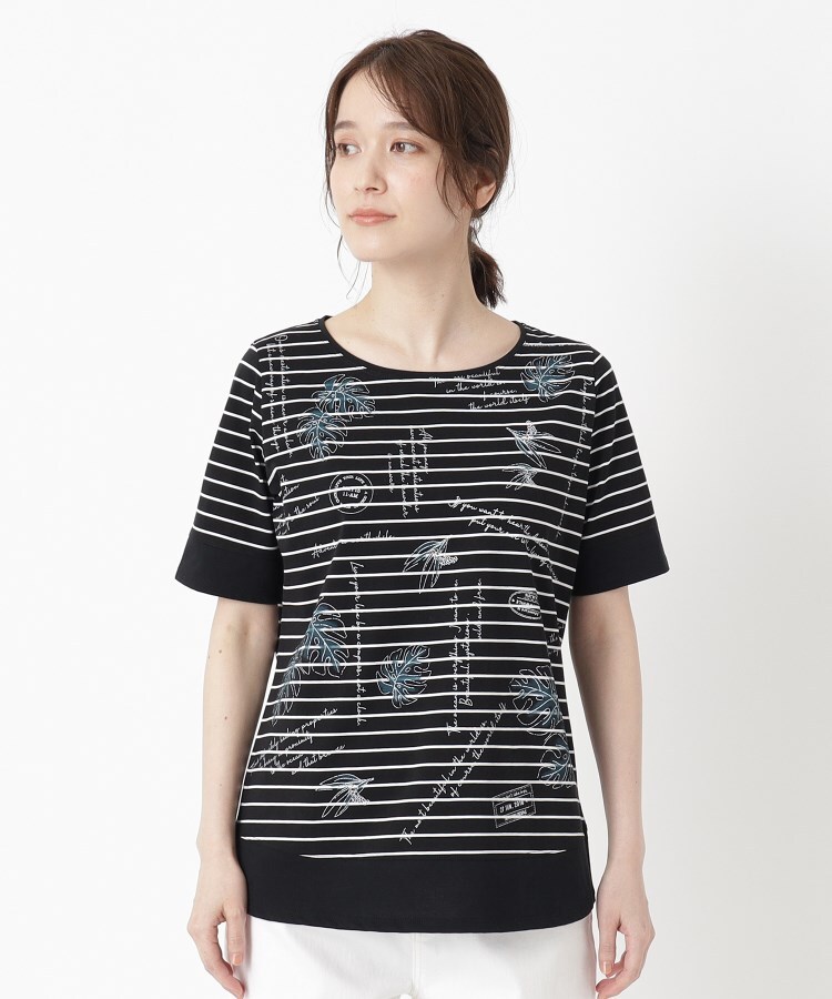 インテレクション(INTELLECTION)の【洗える】モンステラプリント×ボーダーTシャツ1
