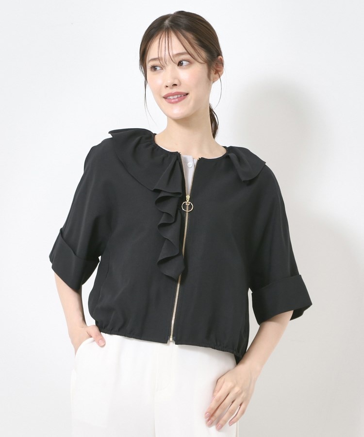 インテレクション(INTELLECTION)の【洗える・フリルデザイン】5分袖羽織りジャケット ブラック(019)