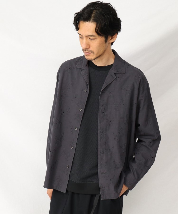 タケオキクチ(TAKEO KIKUCHI)のフラワー 刺繍 オープンカラー シャツ ネイビー(093)