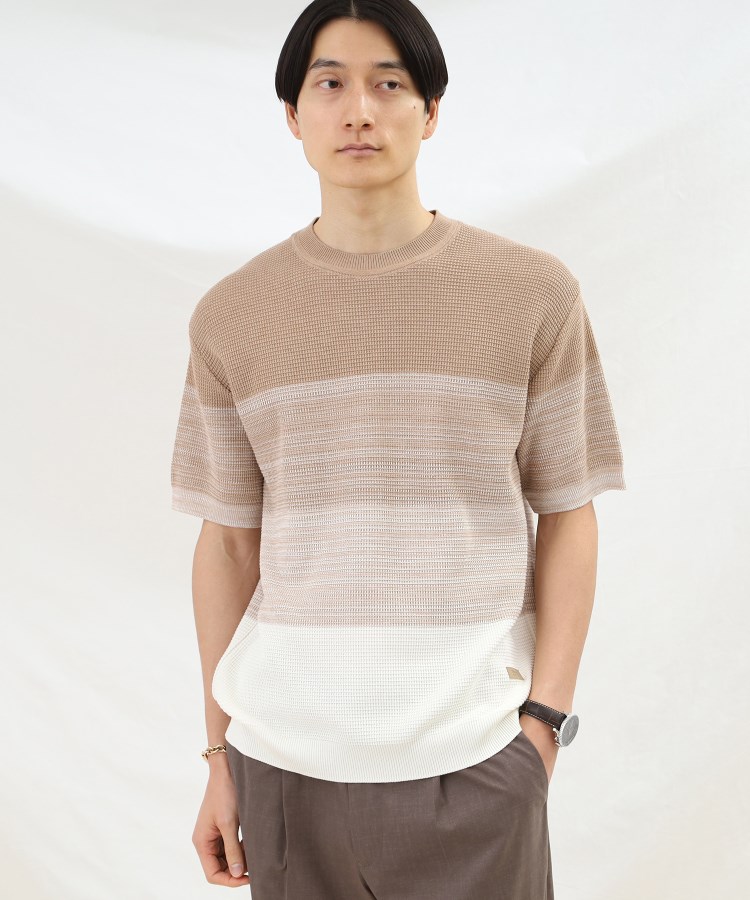 タケオキクチ(TAKEO KIKUCHI)の徳島 グラデーション ニットTシャツ サンドベージュ(553)