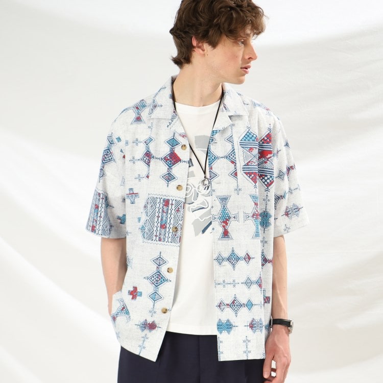 タケオキクチ(TAKEO KIKUCHI)のトライバル パターン オープンカラーシャツ カジュアルシャツ