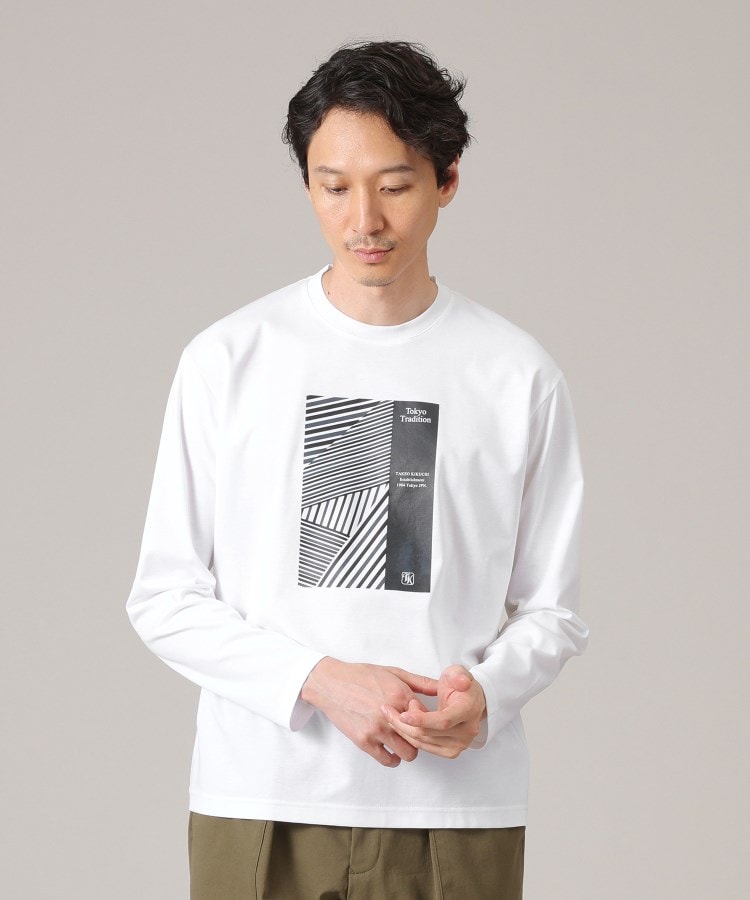 タケオキクチ(TAKEO KIKUCHI)のアーカイブストライプDM長袖ポンチTシャツ ホワイト(001)
