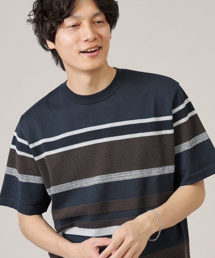 タケオキクチ(TAKEO KIKUCHI)の麻ブレンド パネルボーダー ニットTシャツ6