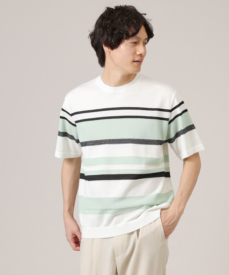 タケオキクチ(TAKEO KIKUCHI)の麻ブレンド パネルボーダー ニットTシャツ ホワイト(301)