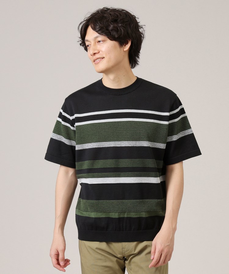 タケオキクチ(TAKEO KIKUCHI)の麻ブレンド パネルボーダー ニットTシャツ ブラック(319)