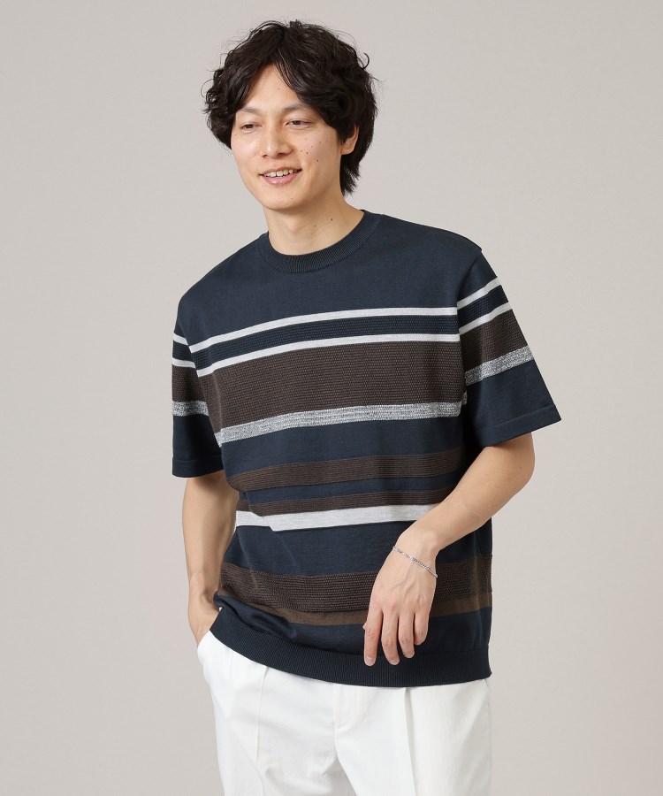 タケオキクチ(TAKEO KIKUCHI)の麻ブレンド パネルボーダー ニットTシャツ ブルー(393)