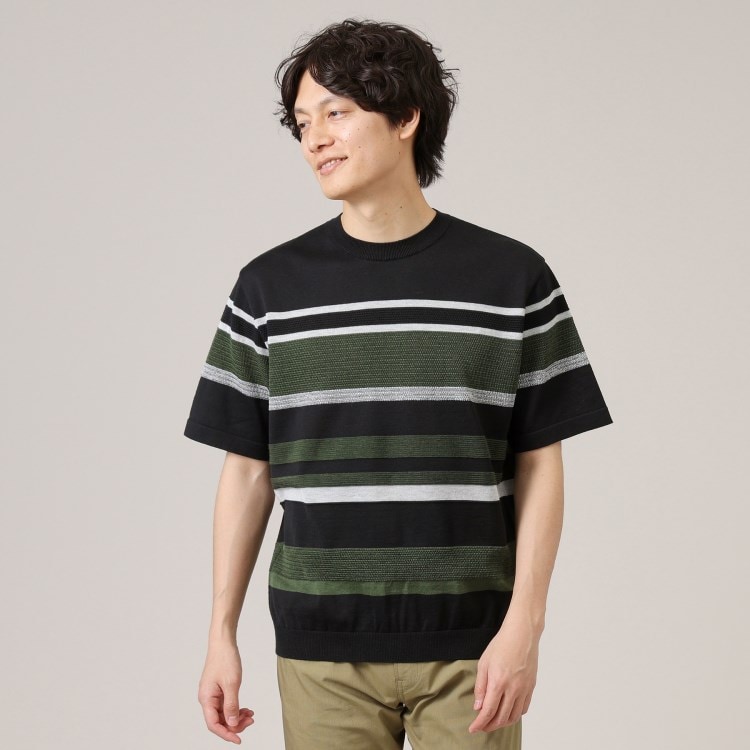 タケオキクチ(TAKEO KIKUCHI)の麻ブレンド パネルボーダー ニットTシャツ ニット/セーター