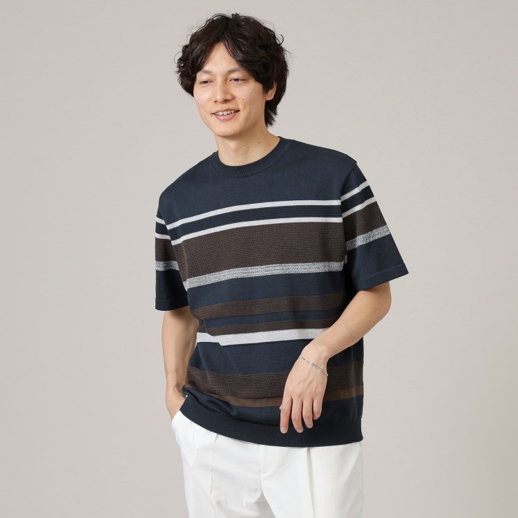 タケオキクチ(TAKEO KIKUCHI)の麻ブレンド パネルボーダー ニットTシャツ ニット/セーター
