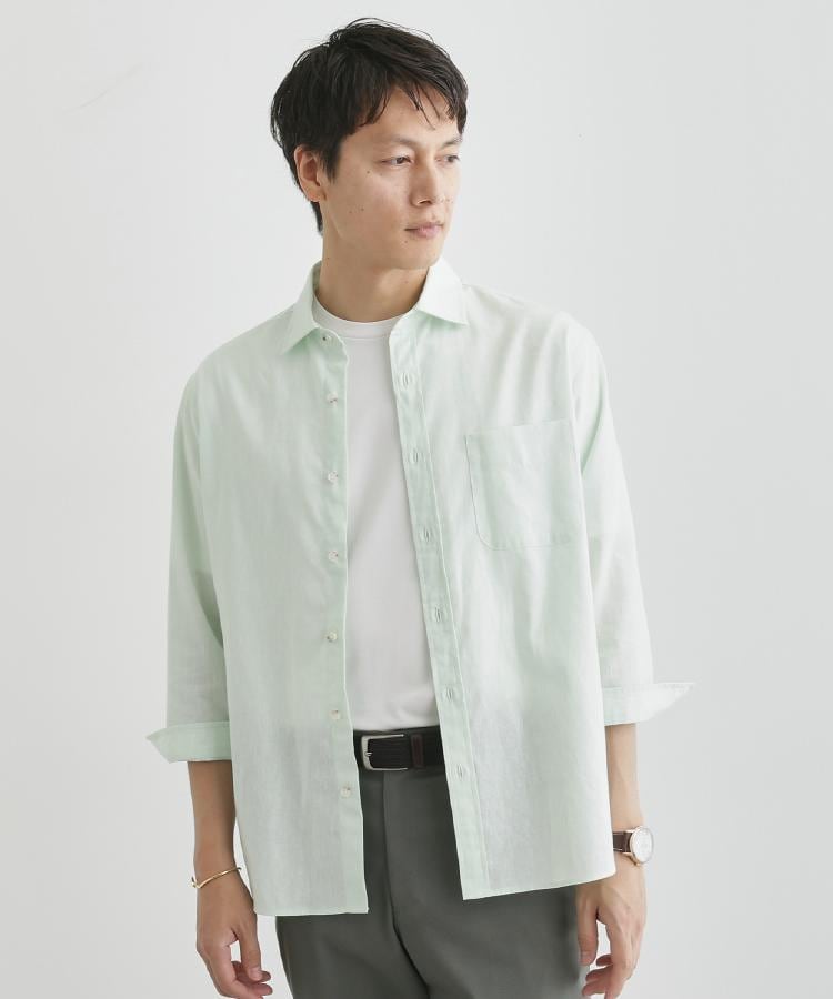 タケオキクチ(TAKEO KIKUCHI)のハイブリッド リネン 7分袖 シャツ ミントグリーン(021)