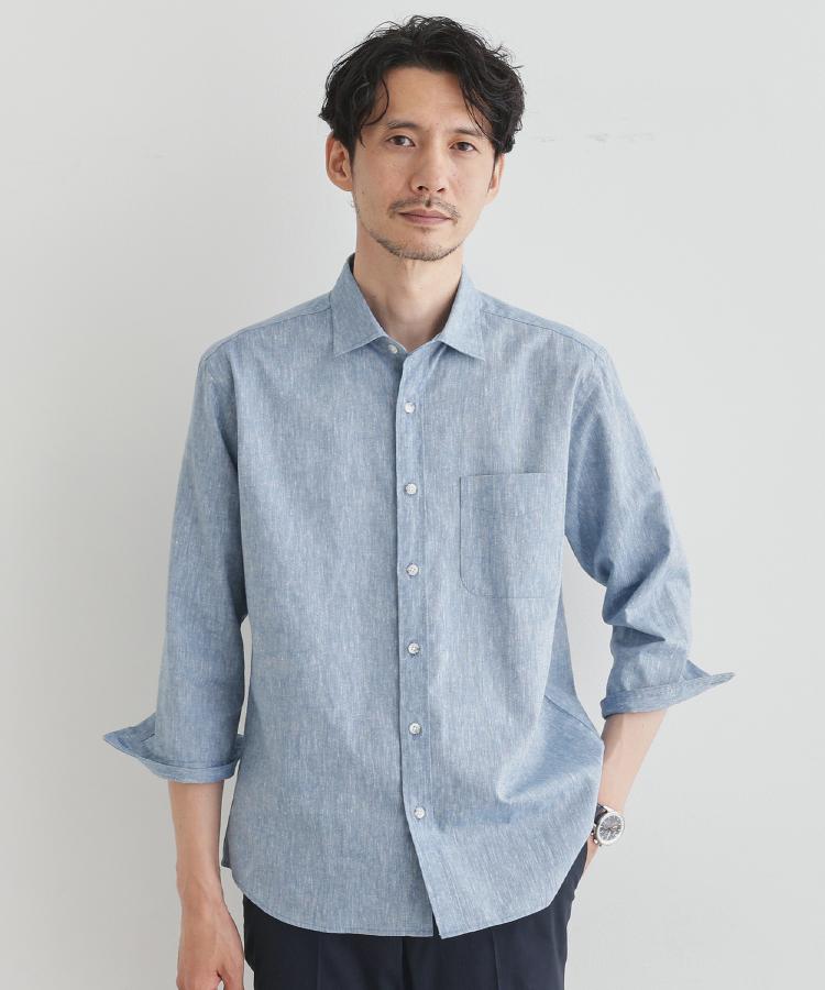 タケオキクチ(TAKEO KIKUCHI)のハイブリッド リネン 7分袖 シャツ ブルー(092)