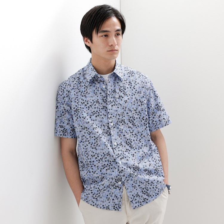 タケオキクチ(TAKEO KIKUCHI)のストライプ小花プリント 半袖シャツ カジュアルシャツ