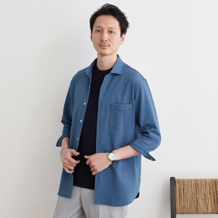 タケオキクチ(TAKEO KIKUCHI)の【抗菌防臭／7分袖】サッカージャージ ストライプシャツ カジュアルシャツ