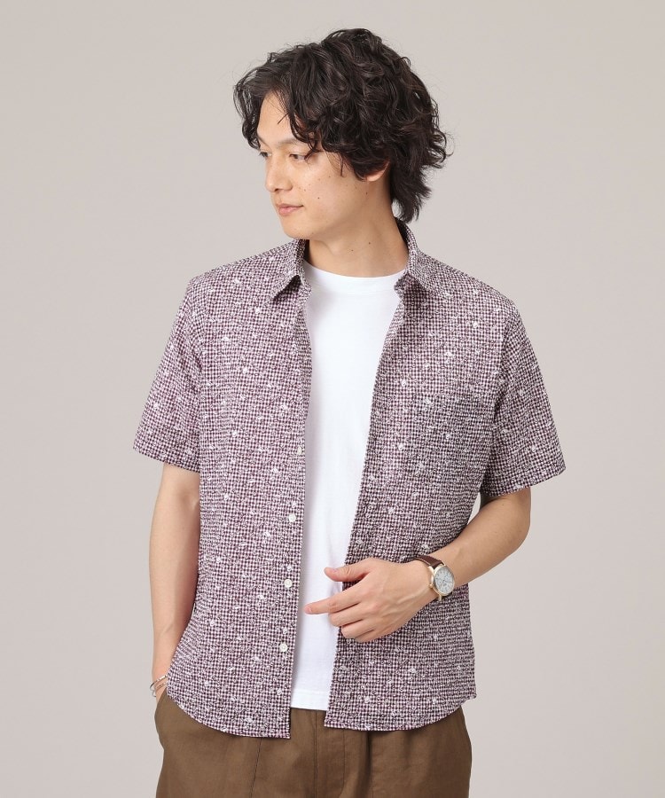 タケオキクチ(TAKEO KIKUCHI)の【無地・チェック・ボタニカル柄】リップル シャツ ボルドー・ギンガム小花チェック(264)