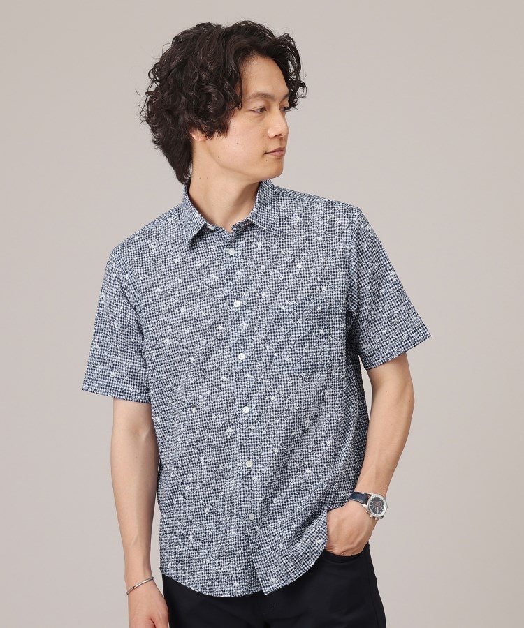 タケオキクチ(TAKEO KIKUCHI)の【無地・チェック・ボタニカル柄】リップル シャツ ネイビー・ギンガム小花チェック(293)