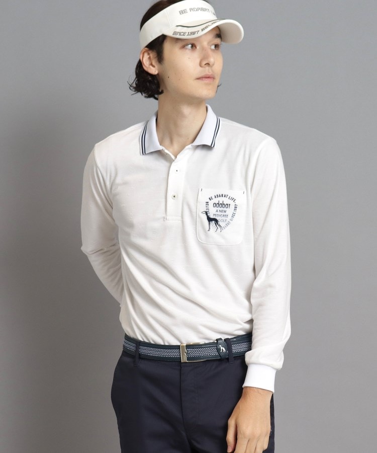 アダバット(メンズ)(adabat(Men))のシャドーロゴデザイン ポケットあり 長袖ポロシャツ ホワイト(001)