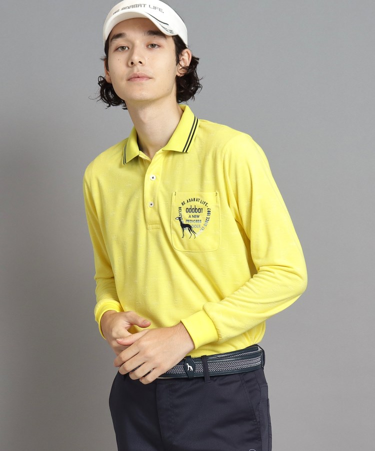 アダバット(メンズ)(adabat(Men))のシャドーロゴデザイン ポケットあり 長袖ポロシャツ レモンイエロー(031)