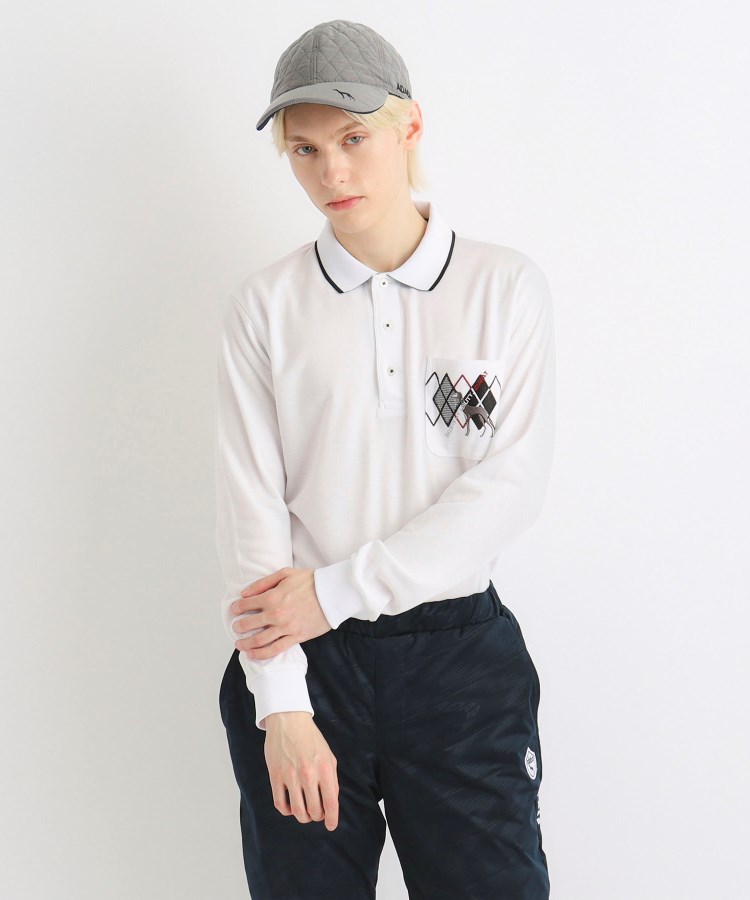 アダバット(メンズ)(adabat(Men))の【吸湿発熱】ロゴデザイン 長袖ポロシャツ ホワイト(001)