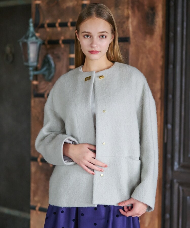 大人百花冬号掲載 モデル美香さん着用】モヘヤ混シャギーミニマルショートコート（ノーカラーコート） |  DRESSTERIOR(Ladies)（ドレステリア）| ワールド オンラインストア | WORLD ONLINE STORE