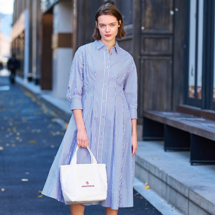 ドレステリア(レディース)(DRESSTERIOR(Ladies))の【7分袖/洗える】ストライプウエストシェイプシャツワンピ マキシ・ロングワンピース
