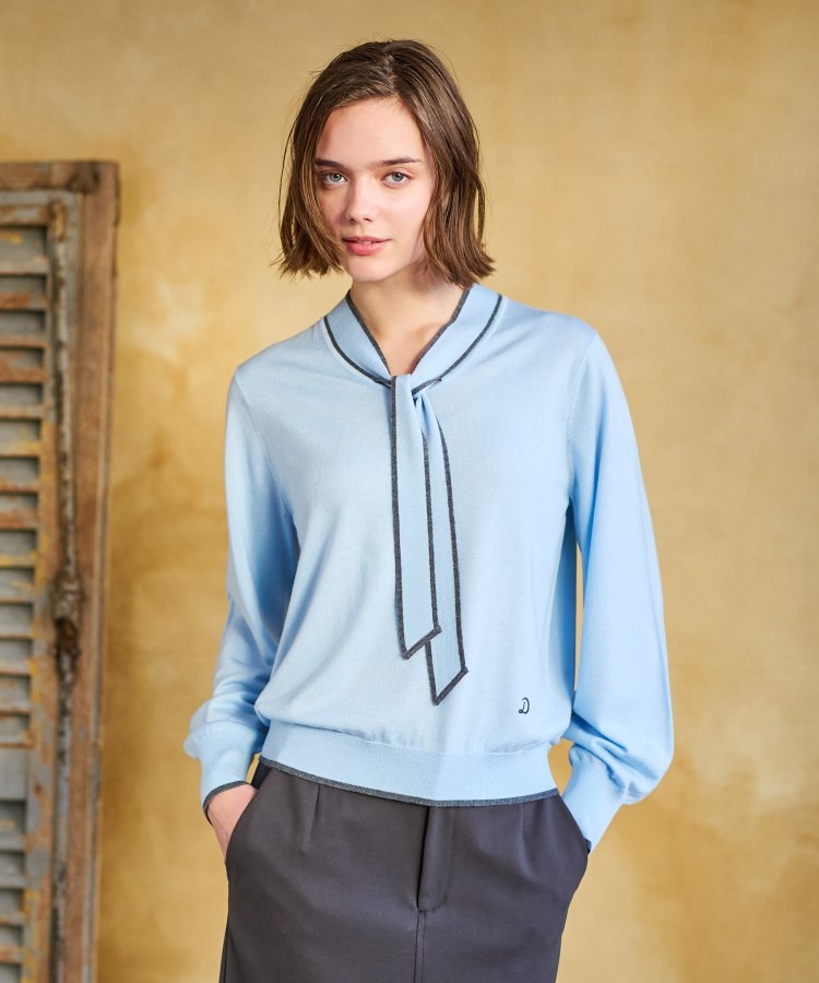 ドレステリア(レディース)(DRESSTERIOR(Ladies))の【洗える】配色ラインボウタイプルオーバーニット ブルー(092)