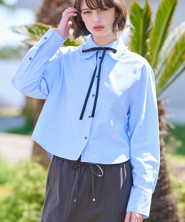 ドレステリア(レディース)(DRESSTERIOR(Ladies))の【洗える/コットン混】フリルカラーオックスブラウス ブルー(091)