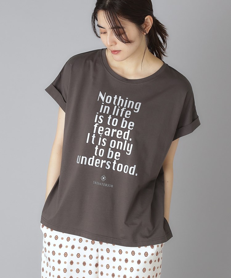 ドレステリア(レディース)(DRESSTERIOR(Ladies))の箔PTドルマンスリーブロゴTシャツ チャコールグレー(014)