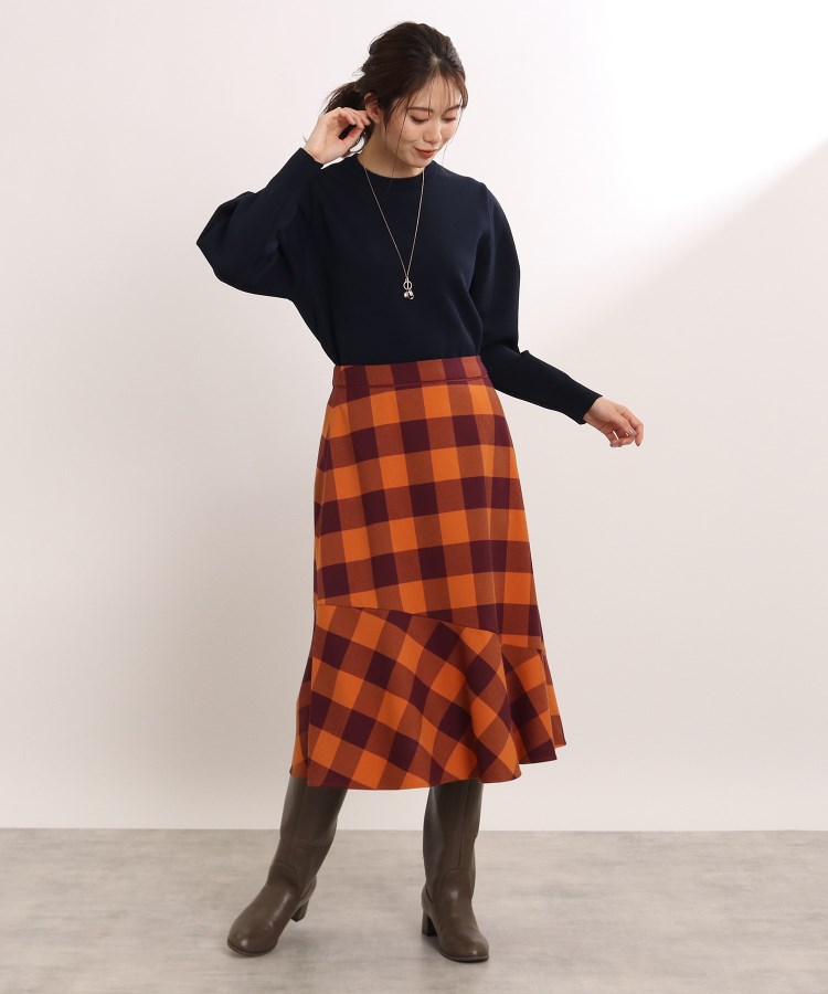 日本製 ロングスカート ウール チェック フレア プリーツ  青 橙 黒